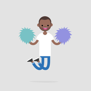 Cheerleader jumping with the pompoms. Sport activities. Supporting the team. Young excited character celebrating the success. Flat editable vector illustration, clip art