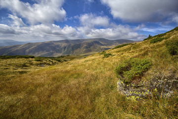 Fototapeta premium Beautiful mountain landscape with cumulus clouds. Carpathians, Ukraine