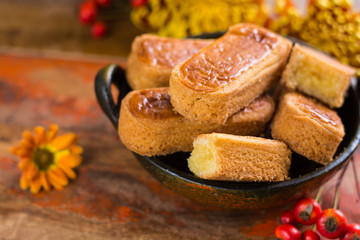 Autumn dessert, stuffed cookies on the wooden table, Thanksgiving food concept