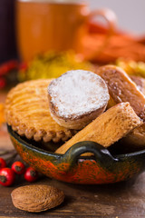 Autumn dessert, stuffed cookies on the wooden table, Thanksgiving food concept