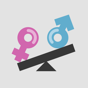 Gender equality. Male and female signs on the scales. Feminism. Human rights. Social problems. Flat editable vector illustration, clip art