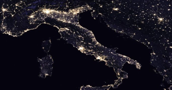 Earth from space at night: Italy and the Mediterranean. Clip is reversible. Data: USGS/NASA Landsat