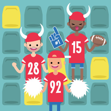 Stadium crowd. Interracial characters wearing american football uniforms, horned hats and foam fingers. Fans supporting their team / flat editable vector illustration, clip art