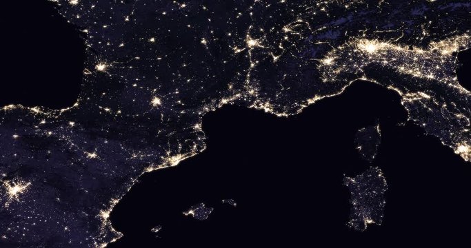 Earth from space at night: the western Mediterranean region. Clip is reversible. Data: USGS/NASA Landsat