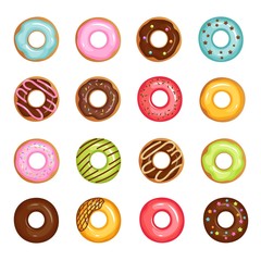 Cartoon and flat style glazed sweet donut isolated vector set. Donut dessert with chocolate and sugar illustration on white background.