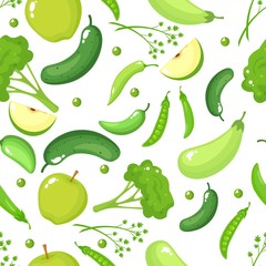 Seamless texture with green vegetabels and fruits. White background vector illustration for your web design