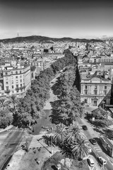 Aerial view of La Rambla pedestrian mall, Barcelona, Catalonia, Spain