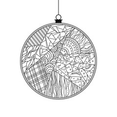 Christmas tree toy. Happy New Year. Zentangle. Hand drawn christmas ball with abstract patterns on isolation background. Design for spiritual relaxation for adults. Line art creation