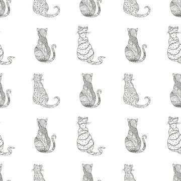 Cats. Seamless pattern. Design Zentangle. Hand drawn cat with abstract patterns on isolation background. Design for spiritual relaxation for adults. Zen art. Decorative style. Print for polygraphy