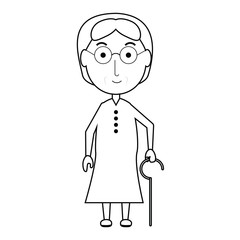 cartoon elderly woman with a walking stick icon over white background vector illustration