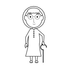 cartoon elderly woman with a walking stick icon over white background vector illustration