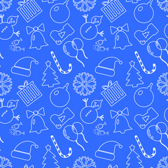 Christmas blue background hand drawn Seamless pattern. white outlines. Flat design, vector illustration, EPS10