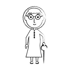 cartoon elderly woman with a walking stick icon over white background vector illustration