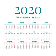 Simple 2020 year calendar