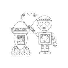 cute couple of cartoon robots with heart icon over white background black and white design vector illustration