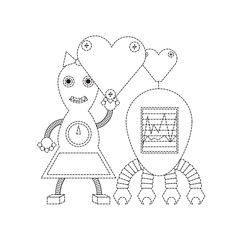 cute couple of cartoon robots with heart icon over white background black and white design vector illustration