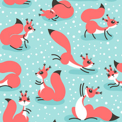 Fototapeta na wymiar Little cute squirrels under snowfall. Seamless winter pattern for gift wrapping, wallpaper, childrens room or clothing.