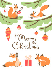 Merry Christmas. Cute little squirrels with gift on trees.