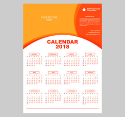 Calendar template for year 2018. Vector design. You can put your picture and text on headline