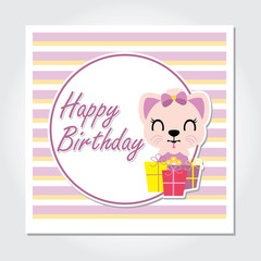 Cute kitten with birthday gift boxes vector cartoon illustration for birthday invitation card, postcard, and wallpaper