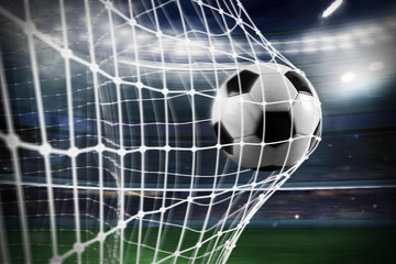 Soccer ball scores a goal on the net