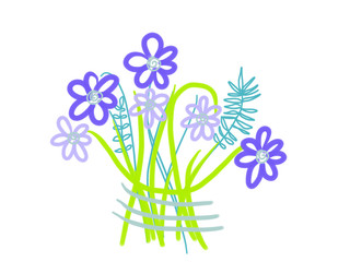 Colorful hand drawn bright spring blue and violet flowers for greeting card or advertisement on the white background, isolated cartoon illustration painted by pen and oil color, high quality