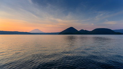 Mountain and Lake at Twilight in Hokkaido, Japan