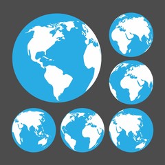 White map of the continents of the world on blue background. Globe icon with smooth vector.