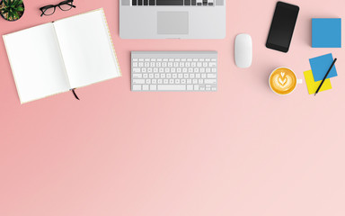 Modern workspace with coffee cup, notebook, smartphone and laptop copy space on pink color background. Top view. Flat lay style.