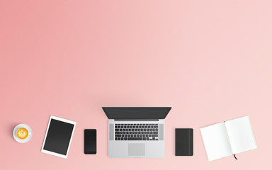 Modern workspace with coffee cup, paper, smartphone, notebook and laptop copy space on pink color background. Top view. Flat lay style.