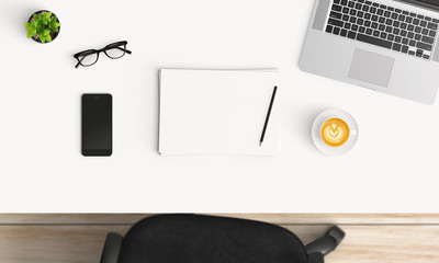 Modern workspace with coffee cup, paper, smartphone, notebook and laptop copy space on pink color...