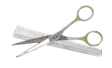 Barber shop equipment tools on white background