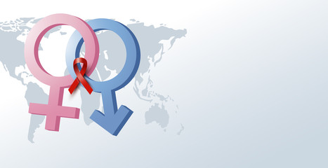 World aids day design of sex symbol and red ribbon with world map vector illustration