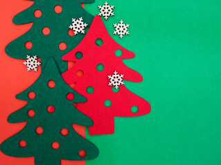 red and green felt pine trees with wooden snowflakes