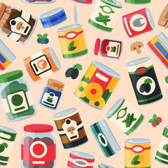 Tins canned food container product seamless pattern vector illustration.