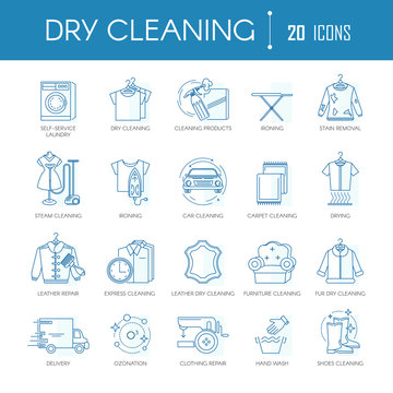 Dry cleaning laundry service line icons vector set for clothing types, car or carpets
