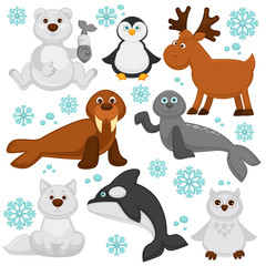 Polar animals and arctic fish cartoon characters. 