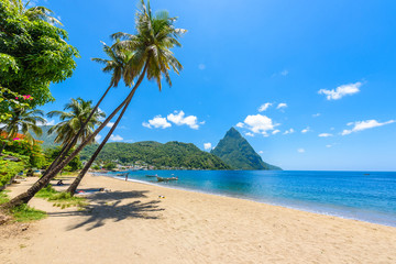 Paradise beach at Soufriere Bay with view to Piton at small town Soufriere in Saint Lucia, Tropical Caribbean Island. - obrazy, fototapety, plakaty