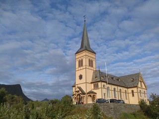 Fototapeta na wymiar Wooden and beautiful Lofoten Cathedral situated in Kabelvag on Lofoten peninsula, Norway