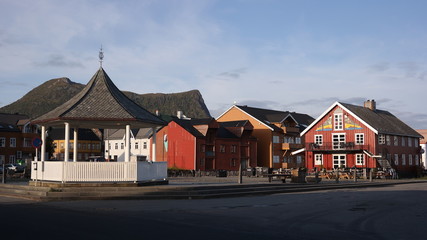 Fototapeta na wymiar Kabelvag main square in town center with traditional norwegian wooden houses, Lofoten peninsula, Norway