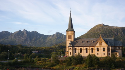 Fototapeta na wymiar Vågan Church in Kabelvåg, also known as Lofoten Cathedral on Lofoten peninsula of Norway