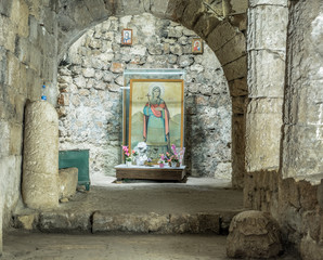 Saint Meryem(Mary,Marie) fresco at Apse of Aya Tekla underground cave Church also known as Saint Aya Thecla ,Aya Thekla, is ruined historic church of Byzantine.Silifke,Mersin,Turkey. - obrazy, fototapety, plakaty
