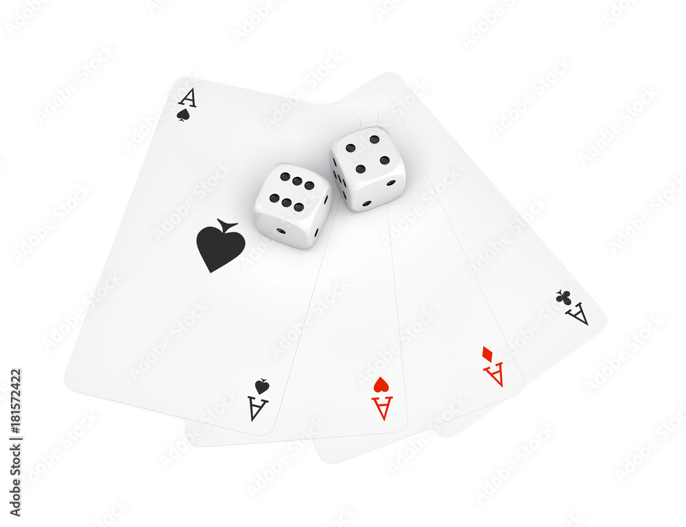 Poster 3d rendering of two white dice with four different ace playing cards isolated on a white background.