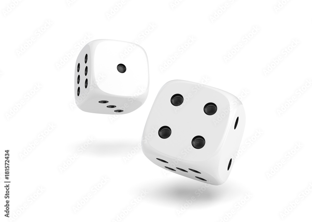 Poster 3d rendering of two white dice hanging on a white background