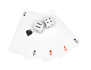 3d rendering of two white dice with four different ace playing cards isolated on a white background.