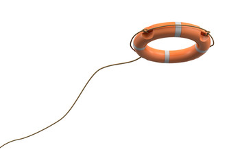 3d rendering of a single orange life buoy on a white background hanging from a long rope in motion.
