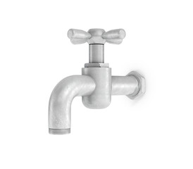 3d rendering of single metal water tap with a cross handle isolated on a white background.