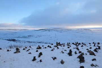 Tundra landscape cover with snow in early Winter on the way from Murmansk to Teriberka