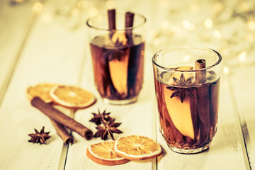 the Mulled wine in night celebration of  New Year party and delicious Christmas drink for autumn and winter season