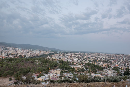 View of Silifke town with blue sky and clouds from hill of silifke castle